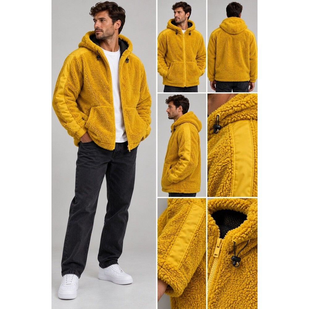 ASOS Mens Sherpa Fleece Jacket L 40-42 Mustard Yellow Hooded Full Zip Teddy
